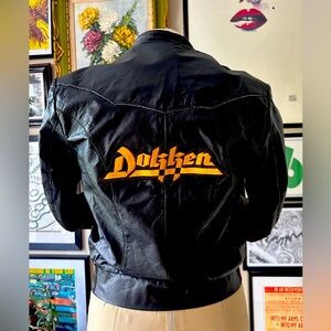 *Vintage* 80s Black Leather DOKKEN Jacket with Logo Patch Rock Metal Festival